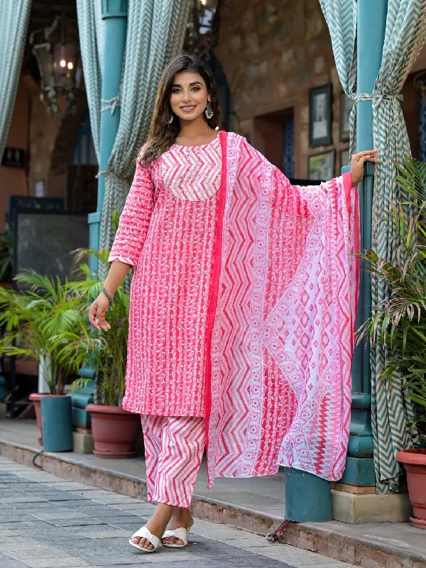Juniper Women's Pink Ethnic Motif Printed Cotton Kurta, Pant And Dupatta Set With Mirror & Thread Work Slim-Fit Leggings
