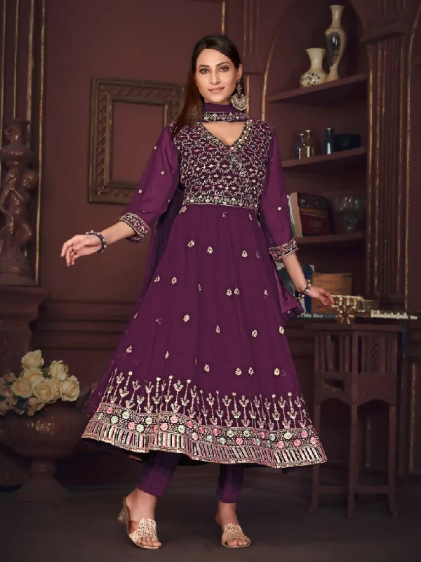 Jyoti Fashion Women's Purple Georgette Embroidered Anarkali Kurta Pant Set With Dupatta Comfortable Denim Trousers