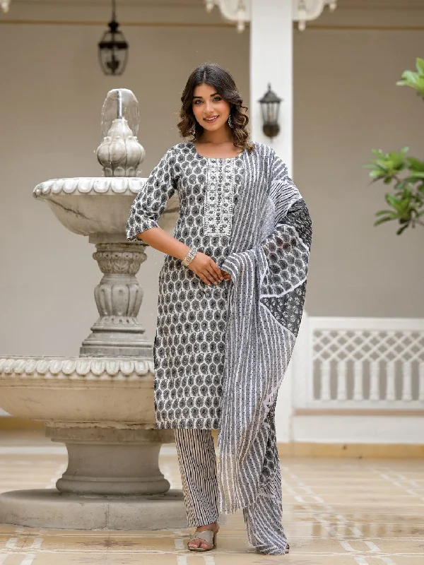 Juniper Women's Grey Ethnic Motif Printed Cotton Kurta, Pant And Dupatta Set With Thread & Mirror Work Trendy Palazzo Pants