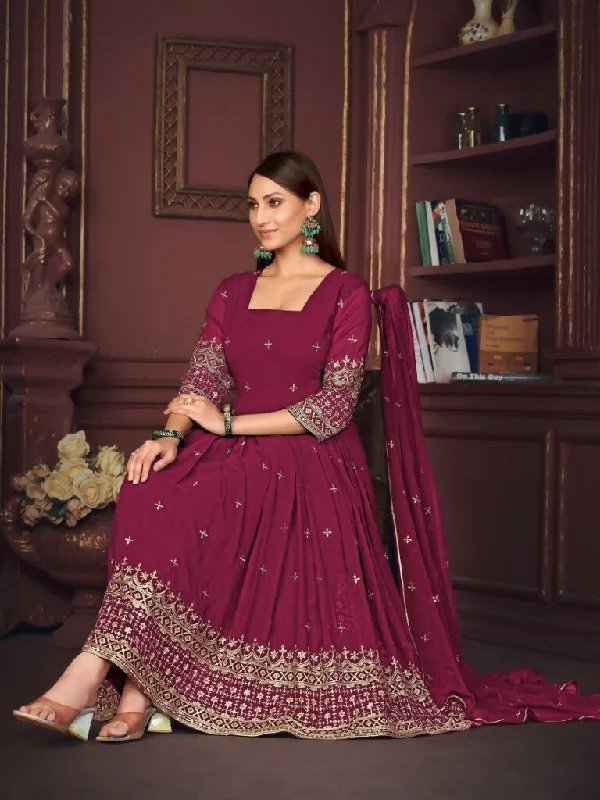 Jyoti Fashion Women's Rani Pink Georgette Embroidered Anarkali Kurta Pant Set With Dupatta Comfortable Wide-Leg Pants