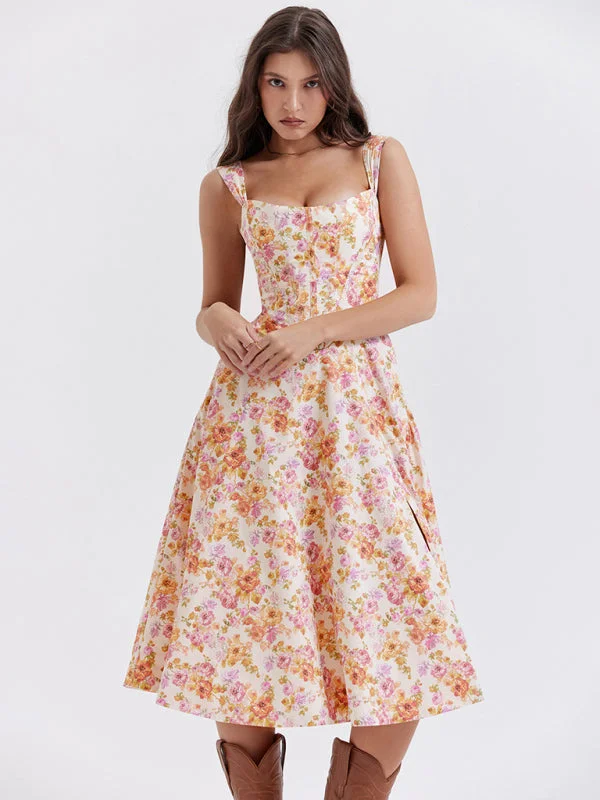 Blue Zone Planet |  Slim Spaghetti Strap Slit Floral Dress Tunics Party sparkling