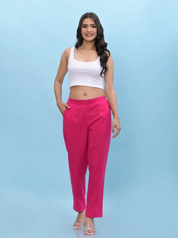 Juniper Women's Fuchsia Solid Cotton Pants with Partially Elasticated Waistband and Two Side Pockets Fashionable Sporty Pants
