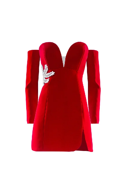 RED BEADED COCKTAIL MINI DRESS Elegant Lace Mini Dress