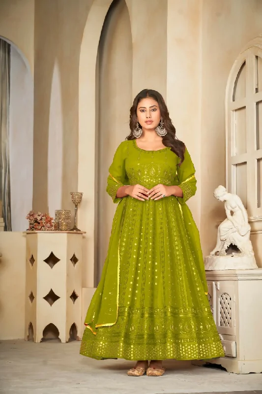 Jyoti Fashion Women's Mehendi Georgette Embroidered Anarkali Kurta Pant Set With Dupatta Stylish Harem Pants
