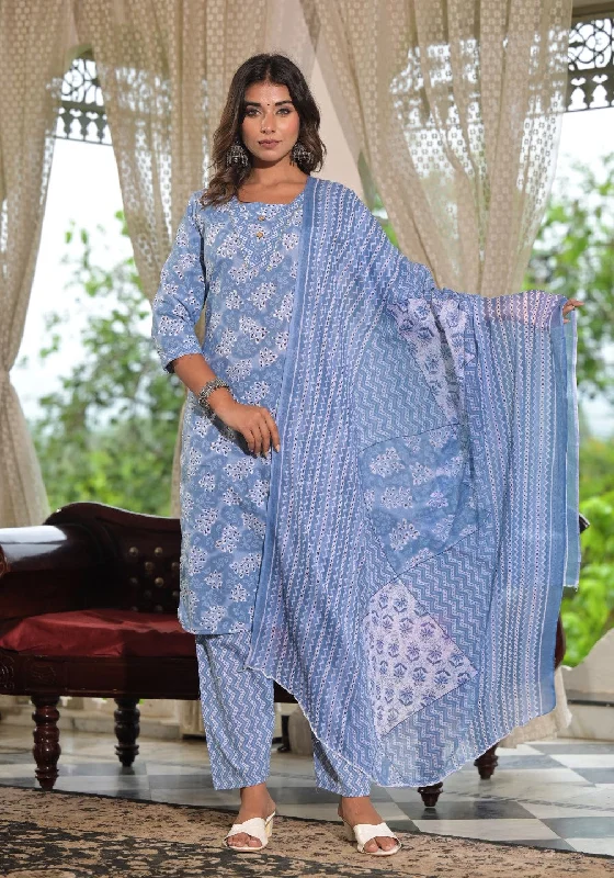 Juniper Women's Sky Blue Ethnic Motif Printed Cotton Kurta, Pant And Dupatta Set With Buttons & Lace Soft Sweatpants Style