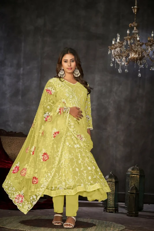 Jyoti Fashion Women's Yellow Net Embroidered Anarkali Kurta Pant Set With Dupatta Fashionable Button-Up Pants