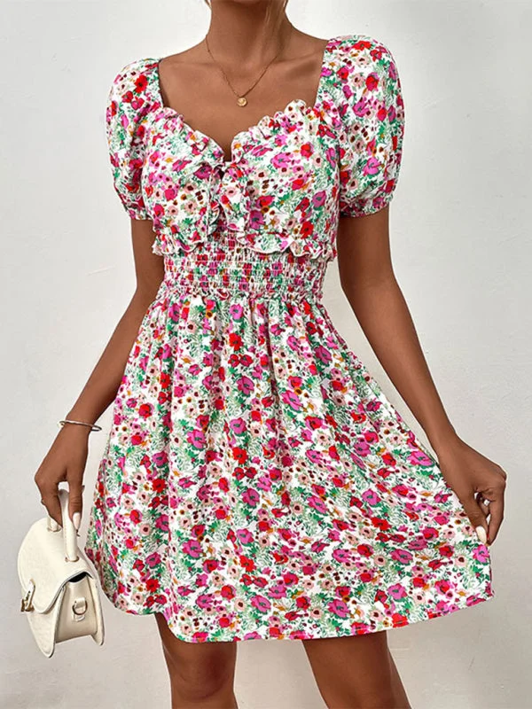 Blue Zone Planet |  High Waist Puff Sleeve Floral Dress Tunics Stylish modern