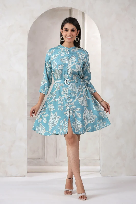 Turquoise Blue Russian Silk Floral Print Mini Dress With Belt Elegant Lace Mini Dress