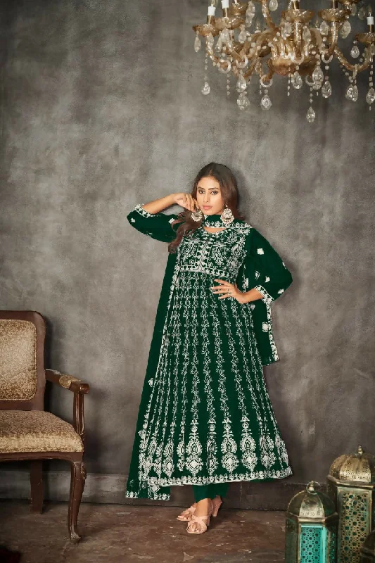 Jyoti Fashion Women's Green Net Embroidered Anarkali Kurta Pant Set With Dupatta Lightweight Jogger Pants