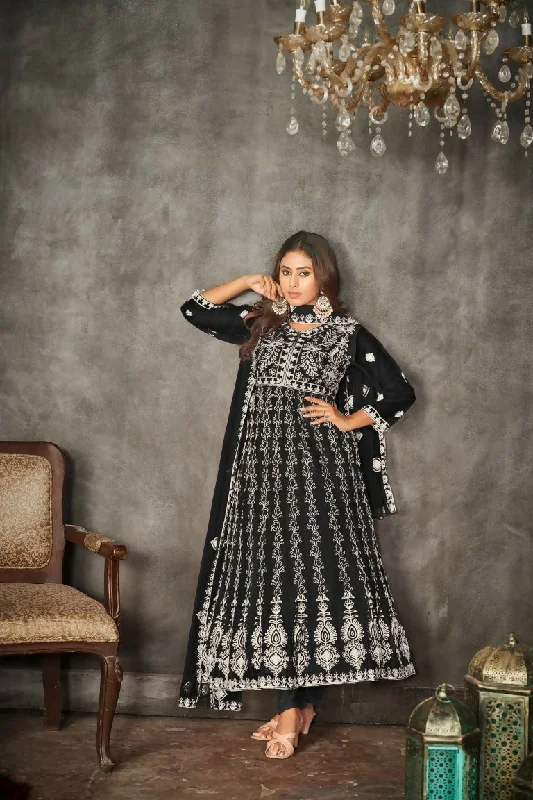 Jyoti Fashion Women's Black Net Embroidered Anarkali Kurta Pant Set With Dupatta Casual Plaid Pants