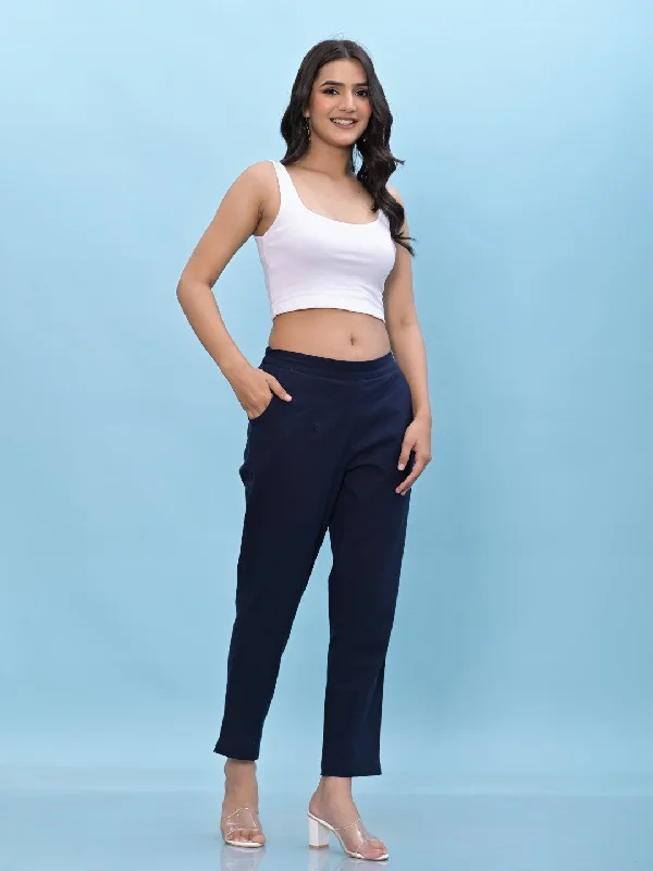 Juniper Women's Navy Blue Solid Cotton Pants with Partially Elasticated Waistband and Two Side Pockets Casual Drawstring Pants