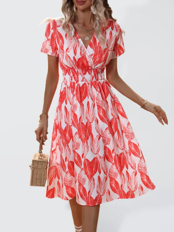 Blue Zone Planet | Summer elegant vacation V-neck floral print short-sleeved dress Tunics Versatile all-occasion