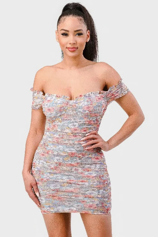 Blue Zone Planet |  Floral Print Mesh Sweetheart Ruffled Off Shoulder Ruched Mini Dress Stylish Short Sleeve Mini Dress