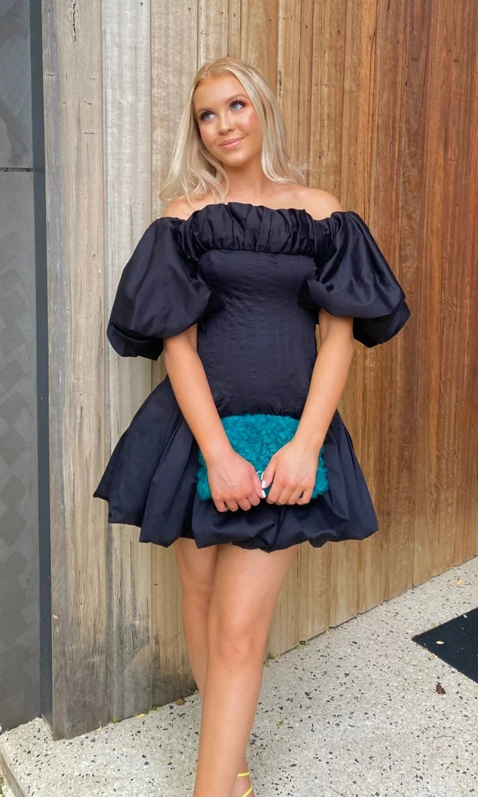 Arles Off Shoulder Mini Dress (Black) Fashionable Mini Dress with Frills