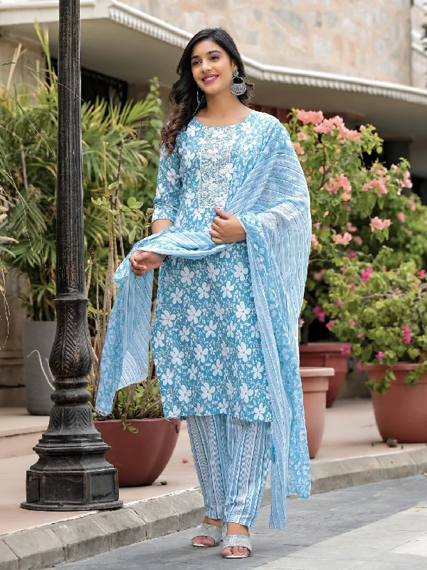 Juniper Women's Blue Floral Printed Cotton Kurta, Pant And Dupatta Set With Thread & Mirror Work Trendy Printed Pants