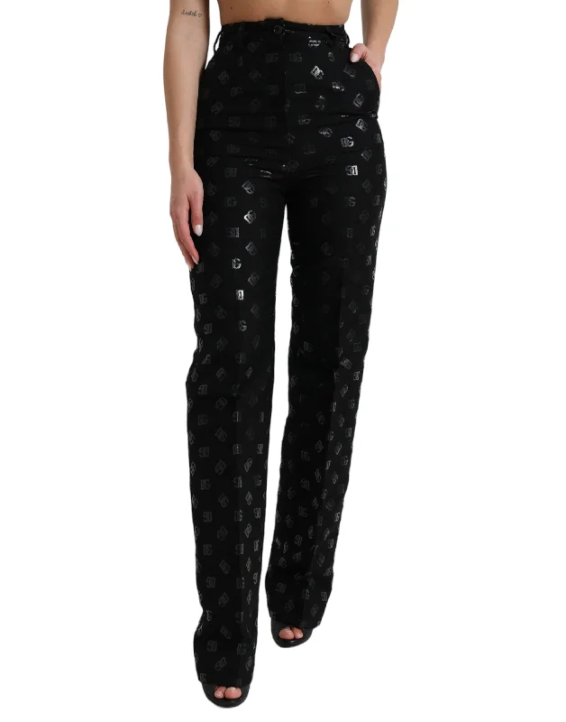 Dolce & Gabbana Chic High Waist Straight Pants with Logo Women's Print Soft Stretch Pants