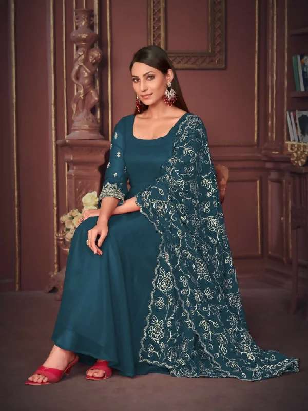Jyoti Fashion Women's Rama Georgette Embroidered Anarkali Kurta Pant Set With Dupatta Classic Chino Pants