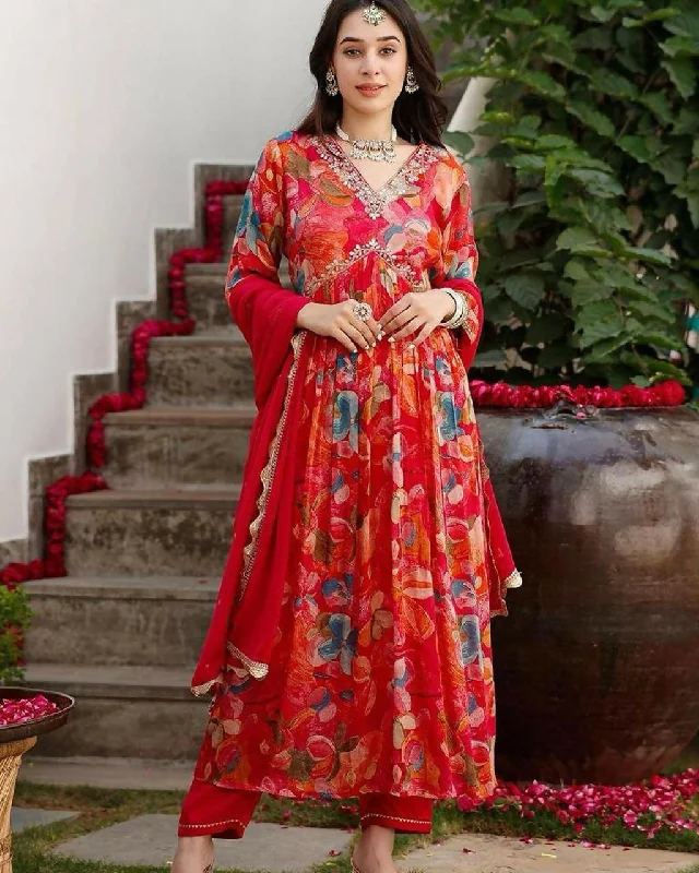 Preksha Creation Designer Women Red Alia Cut Gown Fox Georgette With Digital Print With Dupatta And Pant - Red Wide-Legged Palazzos