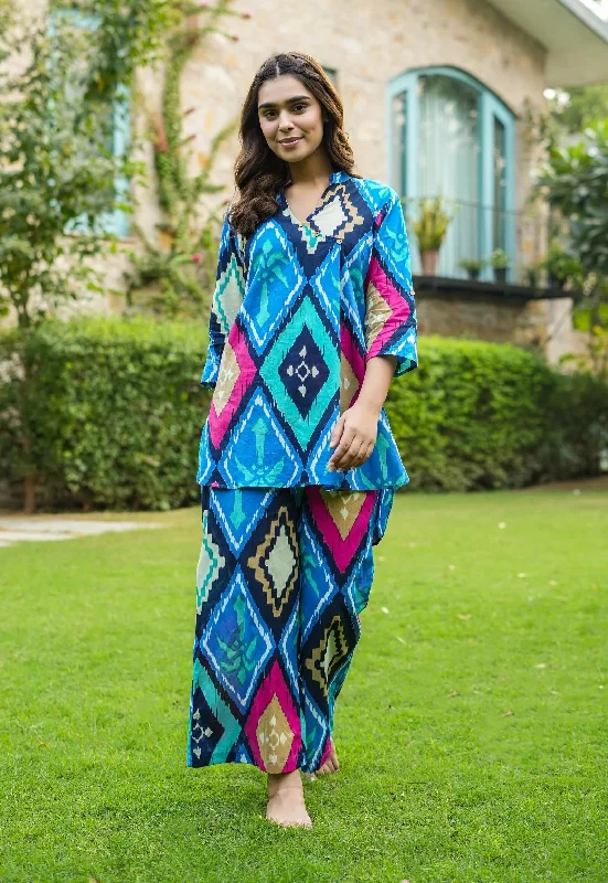 Indian Fashion Women Blue Printed Kurta And Pant Co Ord Set Classic Straight-Leg Pants
