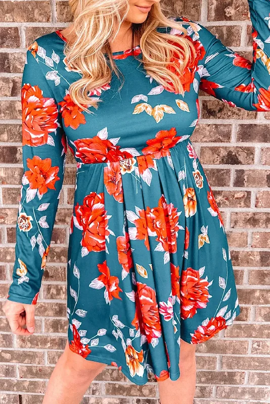 Blue Floral Long Sleeve Mini Dress Classic White Mini Dress