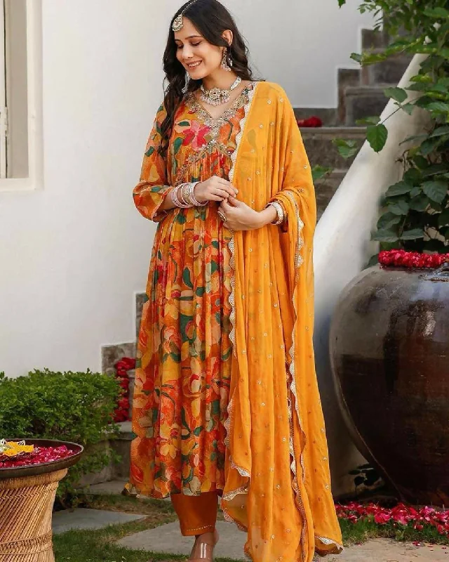 Preksha Creation Designer Women Red Alia Cut Gown Fox Georgette With Digital Print With Dupatta And Pant - Yellow Classic Chino Pants