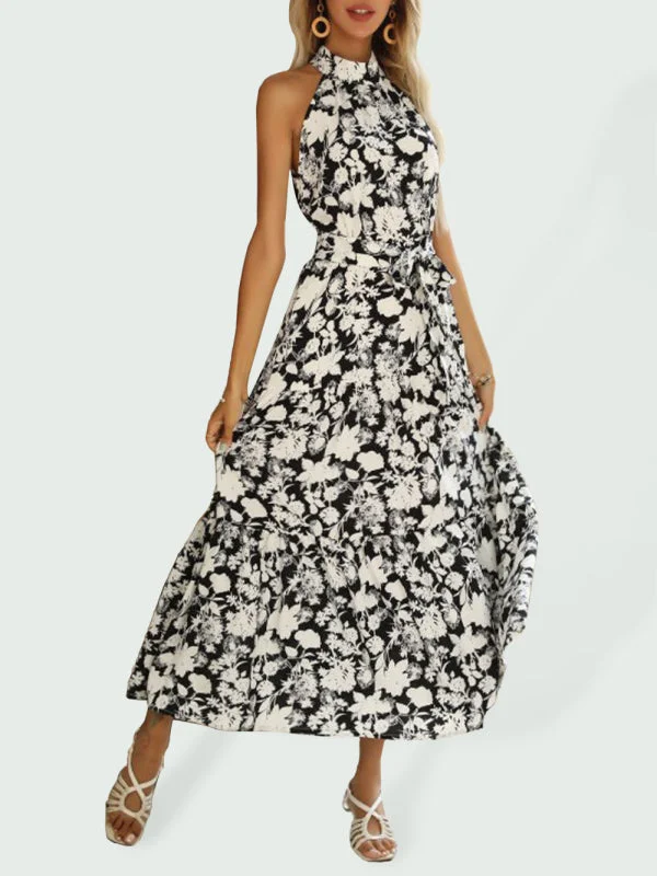 Blue Zone Planet | Summer French Halter Neck Sleeveless Slit Print Dress Tunics Formal black Blue Zone Planet | Summer French Halter Neck Sleeveless Slit Print Dress Tunics Formal black