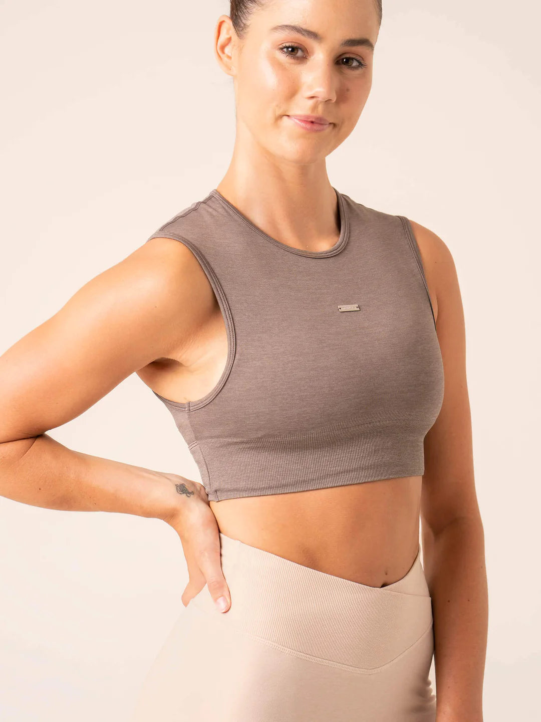 Ryderwear | Focus Seamless Tank - Taupe Marl cold shoulder tank