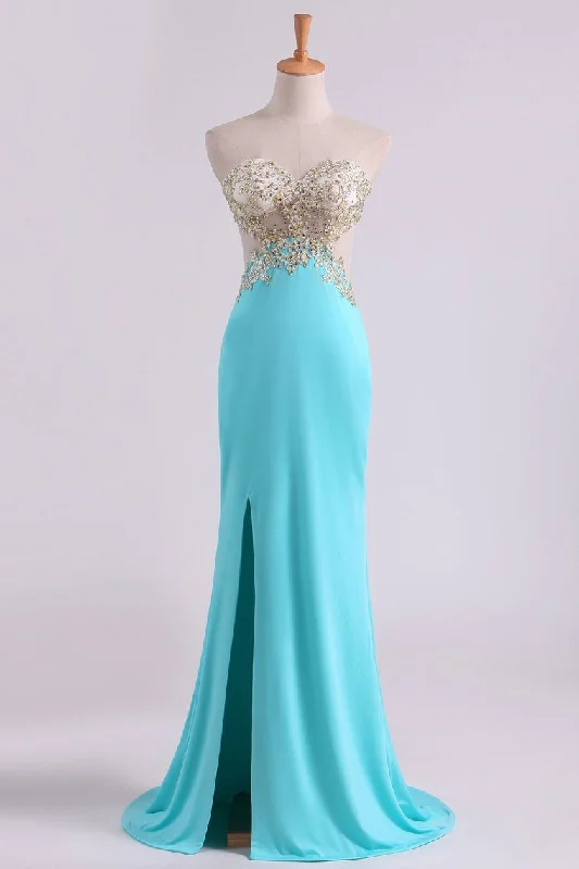 Sexy Prom Dresses Sheath With Slit And Applique Sweep Train Spandex