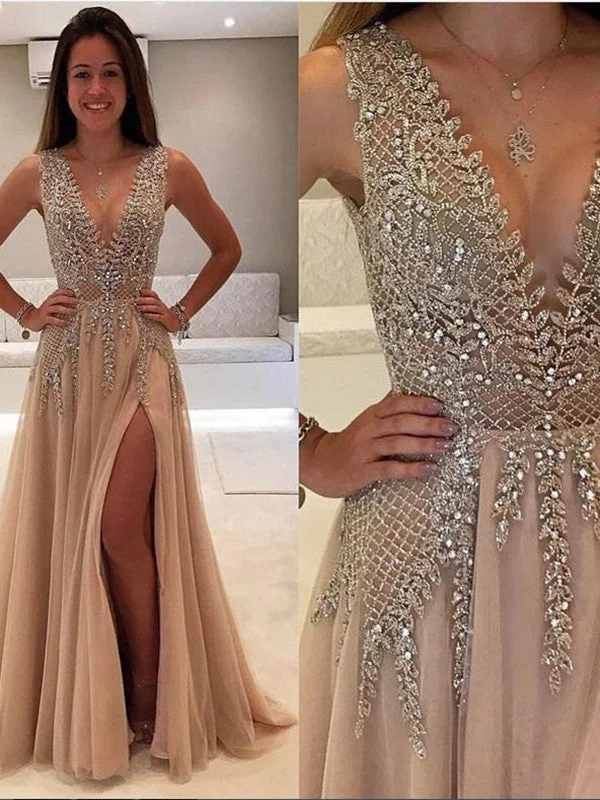 Sexy A Line V Neck Rhinestone Champagne Prom Dress with Slit, V Neck Graduation Dress Sexy A Line V Neck Rhinestone Champagne Prom Dress with Slit, V Neck Graduation Dress