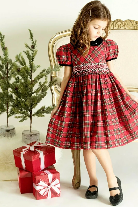 Toddler Red Plaid Party Short Sleeve Yoke Dress