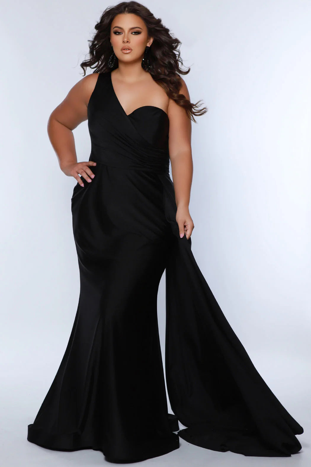 Sydneys Closet SC7377 Long Prom Dress Plus Size One Shoulder Gown A-Line Over Skirt Train Pageant