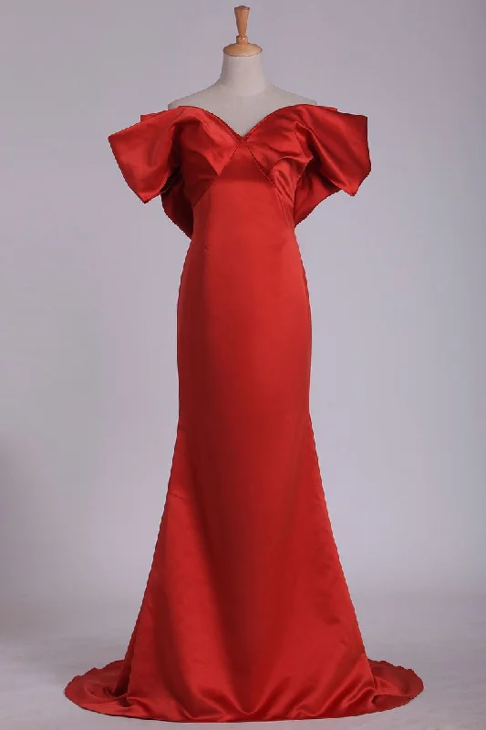 Sheath Evening Dresses Off The Shoulde Satin Sweep Train