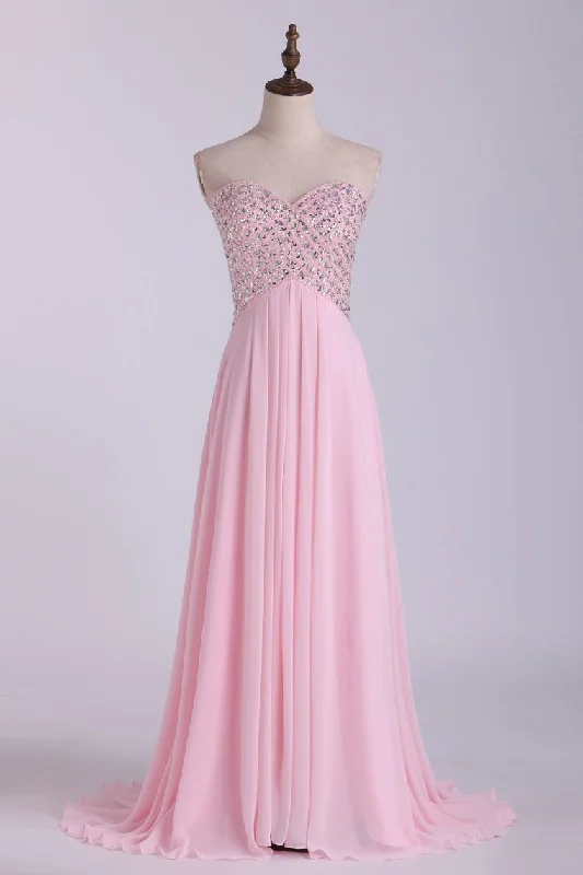 Sexy Open Back Prom Dress Sweetheart A Line Floor Length Chiffon With Beads