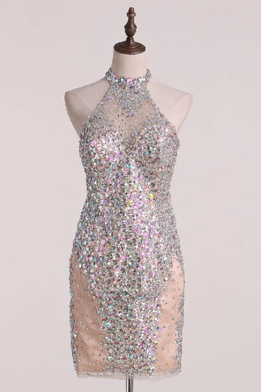 Short/Mini High Neck Prom Dresses Tulle With Beads And Rhinestones
