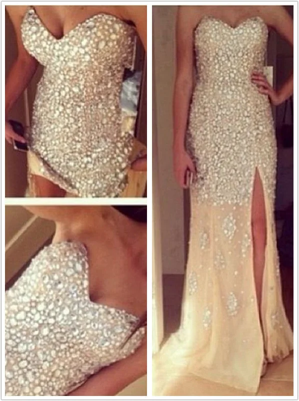 A Line Sweetheart Neck Champagne Long Prom Dresses, Long Formal Dresses