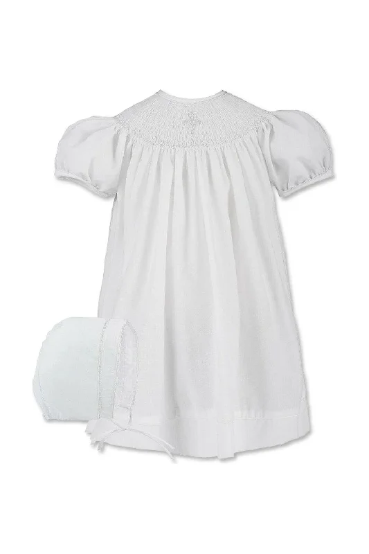 Hand Smocked Christening Pearl Cross Baby Girl Bishop Dress with Bonnet
