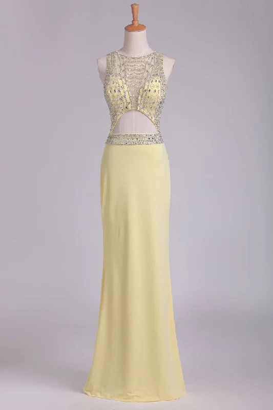 Sexy Open Back Scoop A Line Floor Length Prom Dresses Spandex With Beading