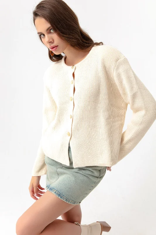 Woman Gold Buttoned Homeland Cardigan Notch Collar Peter Pan Collar Cowl Neck