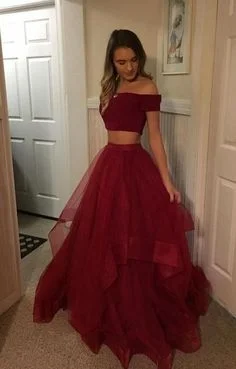 2019 Two Piece Prom Dresses Long, Burgundy Prom Dresses With Cap Sleeves cg457