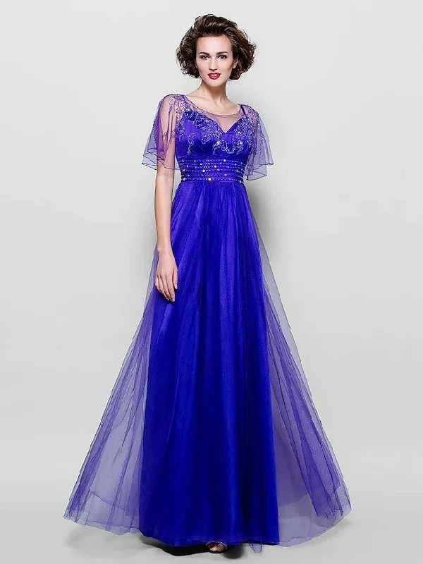 A-Line Mother of the Bride Dress See Through Jewel Neck Floor Length Tulle Short Sleeve with Sash / Ribbon Crystals Beading