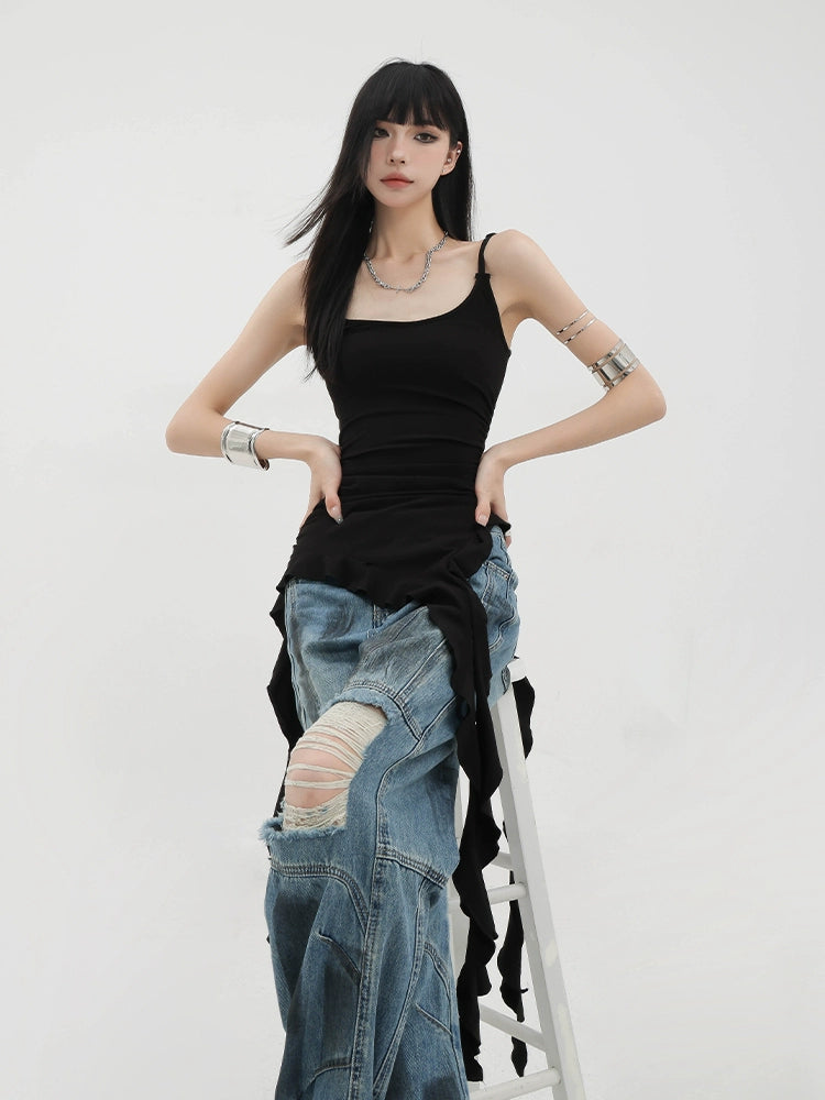Black Asymmetric Ribbon Strap Tank Top With Ruffle Edge Design lightweight tank top
