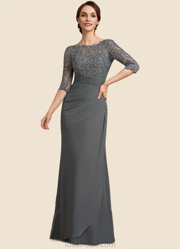 Athena Sheath/Column Scoop Neck Floor-Length Chiffon Lace Mother of the Bride Dress With Ruffle STK126P0014703