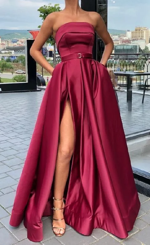 A line strapless burgundy prom dress with side slit cg1161