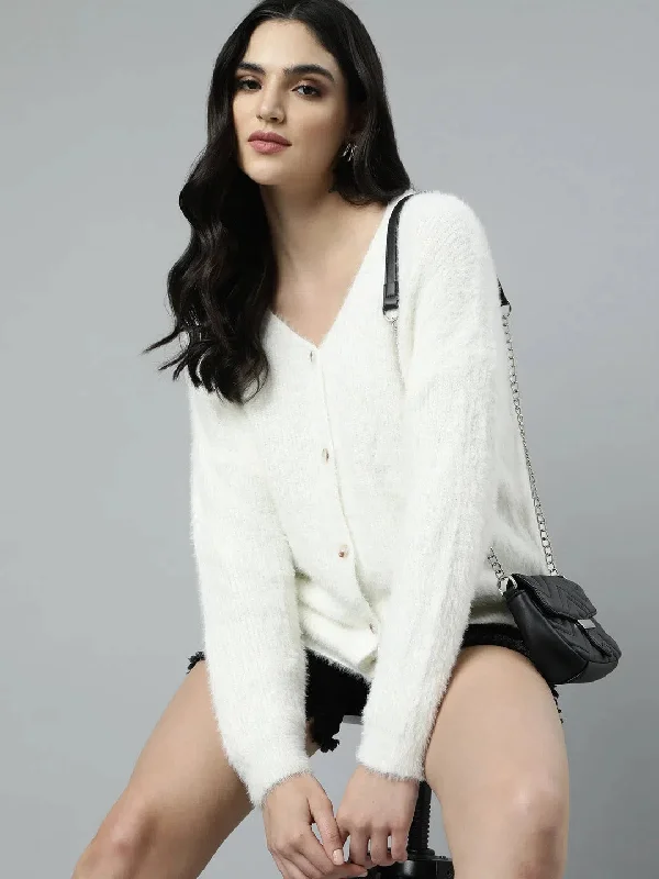 Women Solid Off White Cardigan-477-Offwhite Terry Terry Cloth Terry Knit