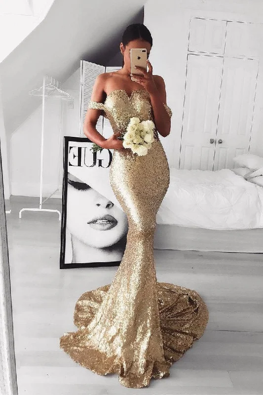 Sequins Prom Dresses Mermaid Off The Shoulder Court Train