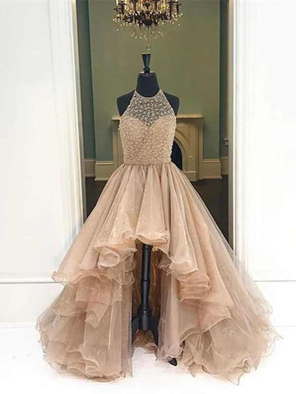 Custom Made Round Neck High Low Champagne Prom Dresses, High Low Formal Dresses