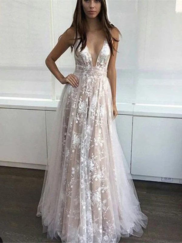 Custom Made A Line V Neck Lace Ivory Prom Dresses, V Neck Lace Formal Dresses
