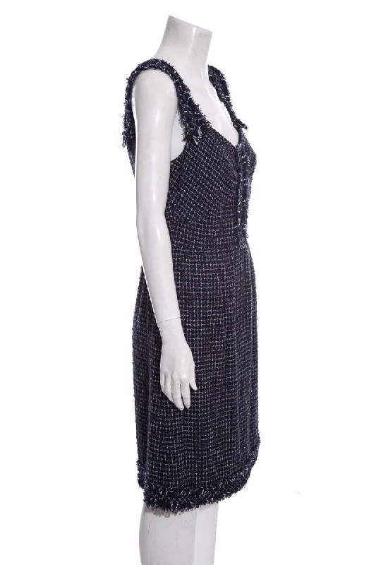 Chanel Navy Tweed Sleeveless Knee Length Dress SZ 40