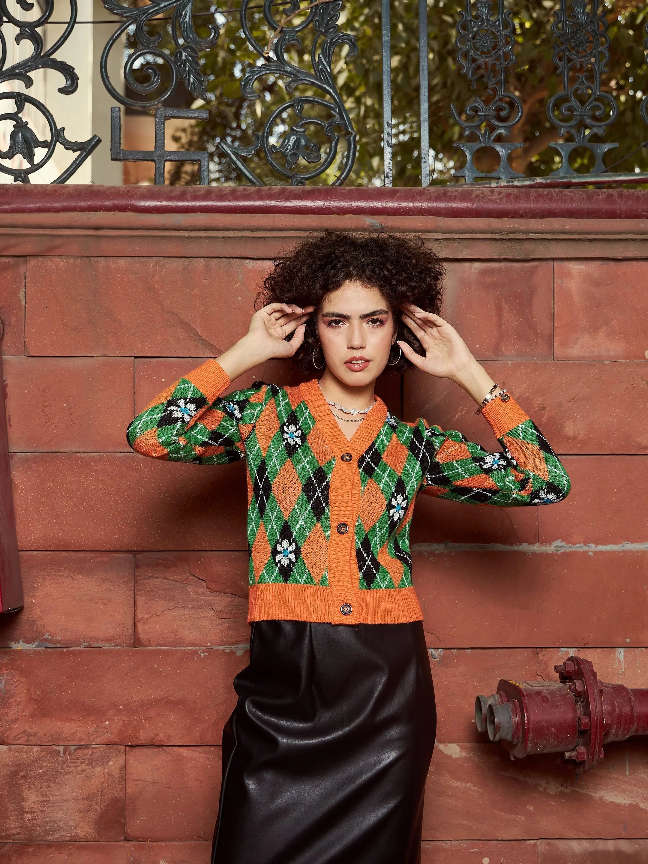 Women Orange Geometric Front Open Wool Cardigan Fitted Slim Tailored
