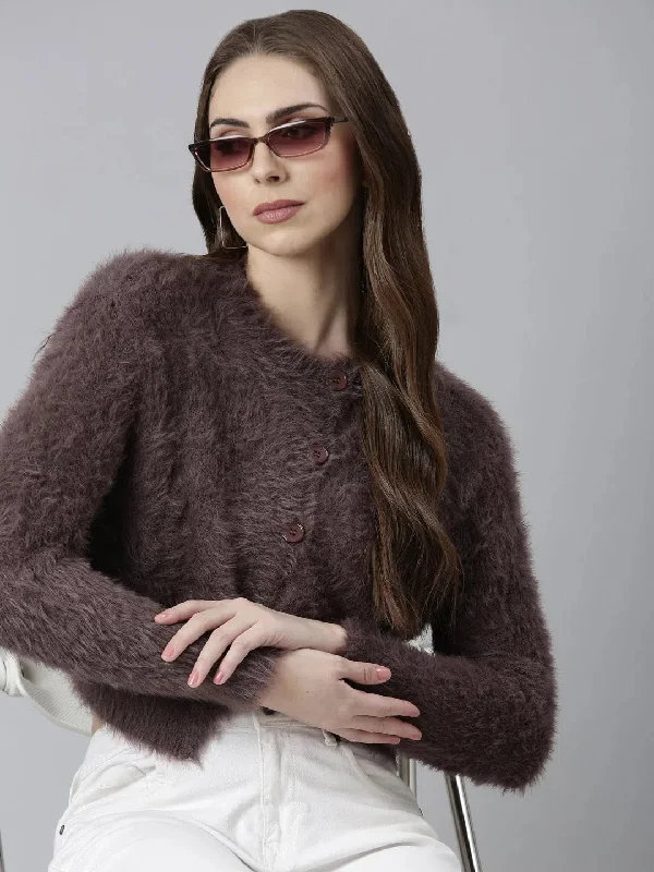 Women Taupe Solid Crop Cardigan-CHN-618-Taupe Beaded Cardigan Sequined Faux Fur